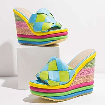 mikarka Colorful Espadrille Wedge Sandals for women, Peep Toe Slip On Platform Slides Sandals Summer Beach Stacked High Heels