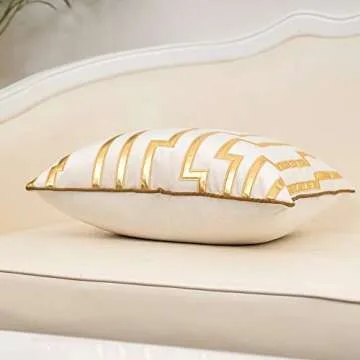 Alerfa Gold Leather Striped White Throw Pillow Cover 18x18 Inch, Geometric Luxury Decorative Embroidered Velvet Pillow Cover for Couch Living Room Bedroom