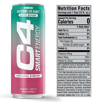 Cellucor C4 Smart Energy Drink ‚ Boost Focus and Energy with Zero Sugar, Natural Energy, and Nootropics - 200mg Caffeine - Watermelon Burst (12oz Pack of 12)