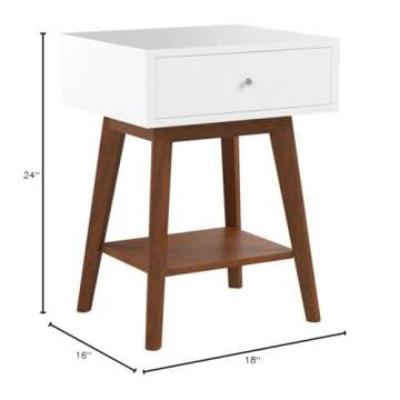 White/Dark Oak Side End Table Nighstand with Drawer and Shelf 24" H - Mid-Century Style