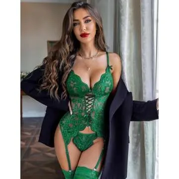 Avidlove Womens Lingerie Set Lace Halter V Neck Bodysuit with Garter Belts Teddy Sleepwear Green M