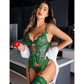 Avidlove Womens Lingerie Set Lace Halter V Neck Bodysuit with Garter Belts Teddy Sleepwear Green M