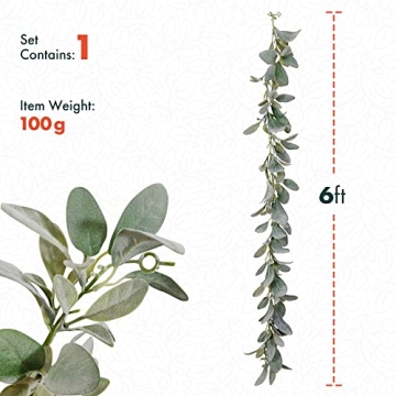 Quadow Artificial Lamb's Ear Greenery Garland, 6 Ft Long Artificial Lambs Ear Garlands Room Decor Green Leaves Vines Garland Home Party Garden Decor