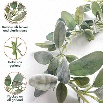 Quadow Artificial Lamb's Ear Greenery Garland, 6 Ft Long Artificial Lambs Ear Garlands Room Decor Green Leaves Vines Garland Home Party Garden Decor