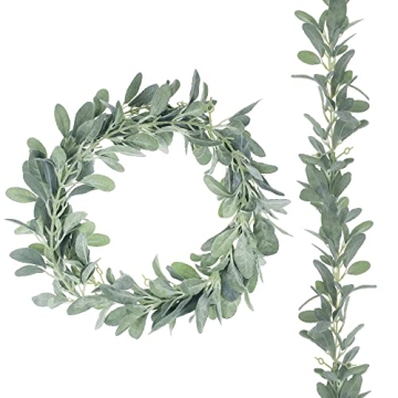 Quadow Artificial Lamb's Ear Greenery Garland, 6 Ft Long Artificial Lambs Ear Garlands Room Decor Green Leaves Vines Garland Home Party Garden Decor