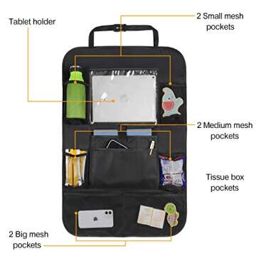 JUCAINHI Car Storage Organizer 2 PCS,Car Backseat Organizer for Kids Durable Waterproof Oxford Fabric with Touchable Tablet Holder 8 Mesh Pockets and 2 Pockets for Snacks Toys,Car Travel Accessories