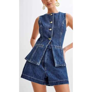 colarat Women's Denim 2 Piece Set Casual Business Sleeveless Jean Blazer Vest Tops and Shorts Outfit Tracksuits