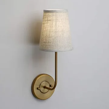 Pathson Set of 2 Vintage Wall Sconces Linen Fabric Shade, Bathroom Vanity Lights Brass Finish, Industrial Wall Mounted Fixtures for Bedroom Living Room (Antique)