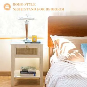 SICOTAS White Nightstand Set of 2,Rattan Decor Drawer with Brass Knobs Night Stand Wood Bedside Table Boho End Tables Side Tables with Storage Shelf