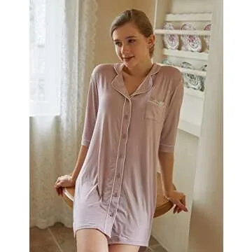 Clocly Nightgowns for Women Button Down Night Shirt 3/4 Sleeve Boyfriend V-Neck Sleepwear Pajama Dress (Pink, XX-Large)