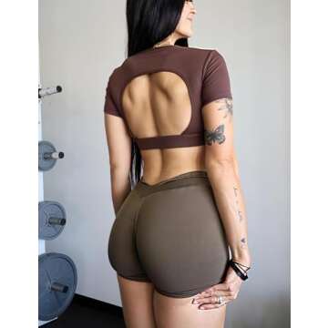 YEOREO Workout Scrunch Shorts Women V Back Gym Butt Lifting Liz High Waisted Seamless Shorts Coffee S