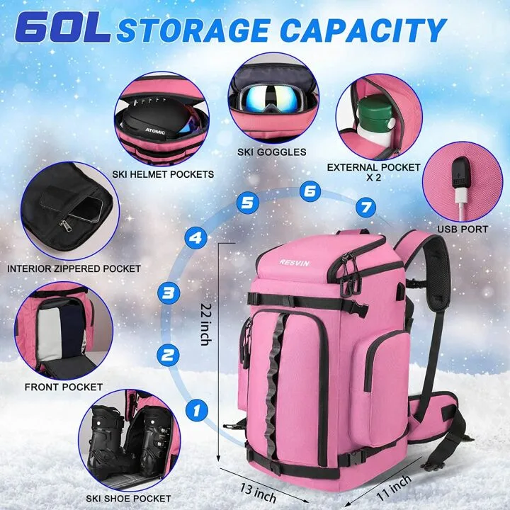 Durable Ski Boot Bag - Waterproof Travel Backpack 60L