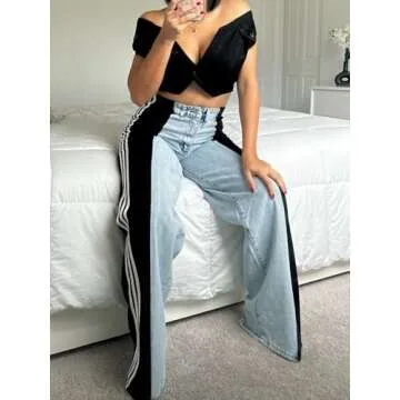 Angsuttc Jeans for Women Patchwork Stripes Denim Wide Leg Pants Loose High Rise Straight Leg Jean Light Blue Black 1X