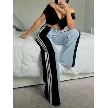 Angsuttc Jeans for Women Patchwork Stripes Denim Wide Leg Pants Loose High Rise Straight Leg Jean Light Blue Black 1X