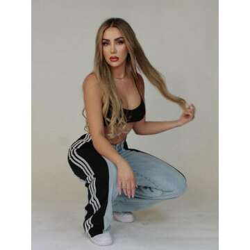 Angsuttc Jeans for Women Patchwork Stripes Denim Wide Leg Pants Loose High Rise Straight Leg Jean Light Blue Black 1X