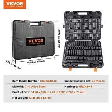 VEVOR 1/2" Drive Impact Socket Set, 65 Piece Tools