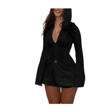 QNI 2 Piece Set Mini Skirt Bubble Skirt Sexy Long Sleeve Zipper Slim Fitted Tops Balloon Skirts Stre...
