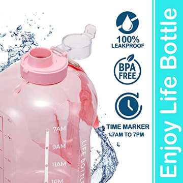 Life Bottle 1 Gallon Water Bottle with Straw Lid and Chug Lid, Leakproof Water Jug with Time Marker, No Quotes. 128 oz BPA Free Big Water Bottle with Handle and Straw