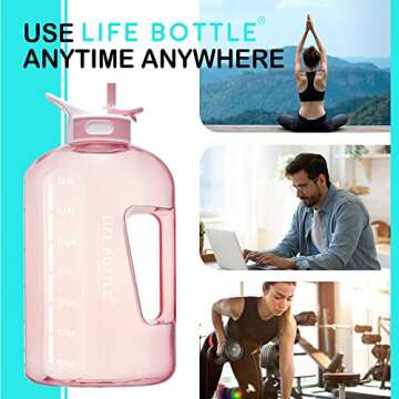 Life Bottle 1 Gallon Water Bottle with Straw Lid and Chug Lid, Leakproof Water Jug with Time Marker, No Quotes. 128 oz BPA Free Big Water Bottle with Handle and Straw