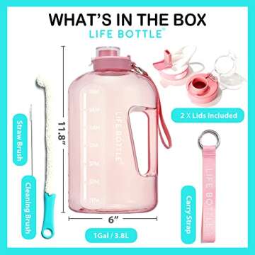 Life Bottle 1 Gallon Water Bottle with Straw Lid and Chug Lid, Leakproof Water Jug with Time Marker, No Quotes. 128 oz BPA Free Big Water Bottle with Handle and Straw