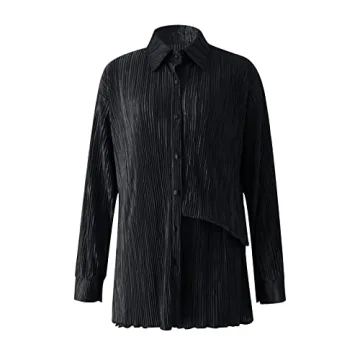 NUFIWI Women 2 Piece Pleated Pants Set Long Sleeve Button Shirt Blouse Top Long Wide Leg Pants Outfits Summer Streetwear(V Neck Black,Small)