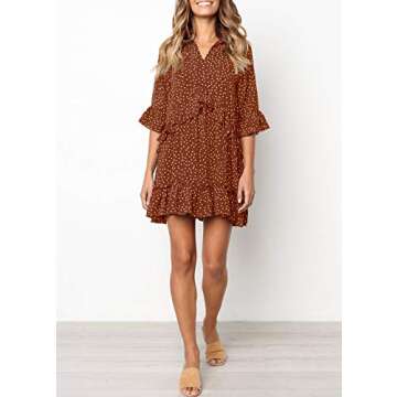 MITILLY Women's Summer V Neck Ruffle Polka Dot Pocket Loose Swing Casual Short T-Shirt Dress