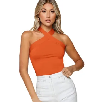 Floerns Women's Solid Criss Cross Halter Sleeveless Tee Shirt Top Orange S