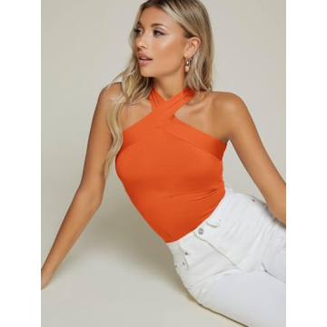 Floerns Women's Solid Criss Cross Halter Sleeveless Tee Shirt Top Orange S
