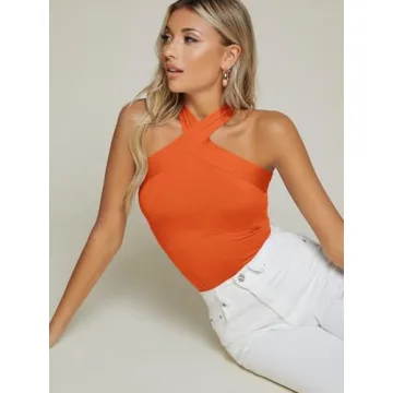 Floerns Women's Solid Criss Cross Halter Sleeveless Tee Shirt Top Orange S