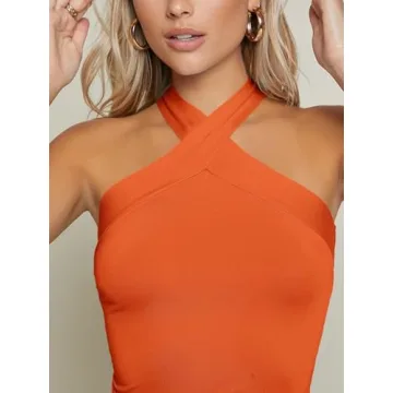 Floerns Women's Solid Criss Cross Halter Sleeveless Tee Shirt Top Orange S