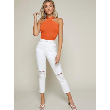 Floerns Women's Solid Criss Cross Halter Sleeveless Tee Shirt Top Orange S