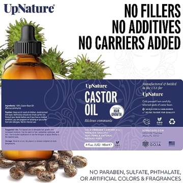 UpNature Castor Oil 4oz- 100% Pure for Hair, Eyelashes & Eyebrows- Cold Pressed, Hexane Free, Made in USA- Stimulate Hair Growth Moisturize Skin/ Scalp-12pc Treatment Kit w Spoolies Dropper
