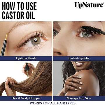 UpNature Castor Oil 4oz- 100% Pure for Hair, Eyelashes & Eyebrows- Cold Pressed, Hexane Free, Made in USA- Stimulate Hair Growth Moisturize Skin/ Scalp-12pc Treatment Kit w Spoolies Dropper