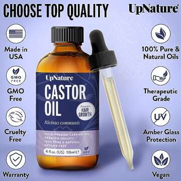 UpNature Castor Oil 4oz- 100% Pure for Hair, Eyelashes & Eyebrows- Cold Pressed, Hexane Free, Made in USA- Stimulate Hair Growth Moisturize Skin/ Scalp-12pc Treatment Kit w Spoolies Dropper