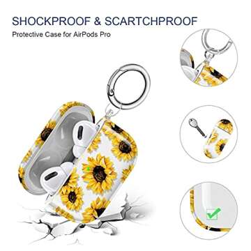 Maxjoy for AirPods Pro Case, Clear AirPod Pro Case for Women Girls Protective Soft Transparent AirPod Pro Cover with Keychain Clip for AirPods Pro Charging Cover 2019, Sunflower