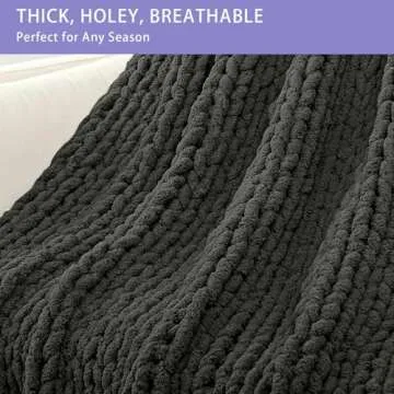 Bigacogo Chunky Knit Throw Blanket for Couch, 40x40 inches, 100% Hand Knitted with Thick Jumbo Chenille Yarn, Cozy Soft Large Rope Knot Cable Crochet Blankets for Sofa Bed Living Room, Dark Grey
