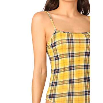 Milumia Women's Sexy Spaghetti Stripe Plaid Fitted Cami Bodycon Bodysuit Tops Yellow XS