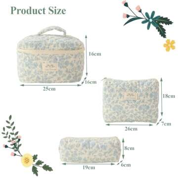 ALUXY 3 Pcs Cotton Quilted Makeup Bag Set, Floral Cotton Cosmetic Bag, Cute Makeup Bag, Aesthetic To...