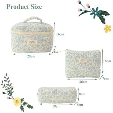 ALUXY 3 Pcs Cotton Quilted Makeup Bag Set, Floral Cotton Cosmetic Bag, Cute Makeup Bag, Aesthetic To...