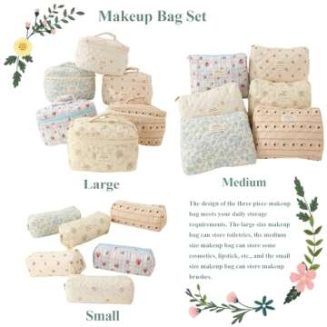 ALUXY 3 Pcs Cotton Quilted Makeup Bag Set, Floral Cotton Cosmetic Bag, Cute Makeup Bag, Aesthetic Toiletry Travel Organizer Bag for Women Girls (A)