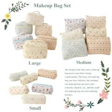 ALUXY 3 Pcs Cotton Quilted Makeup Bag Set, Floral Cotton Cosmetic Bag, Cute Makeup Bag, Aesthetic Toiletry Travel Organizer Bag for Women Girls (A)