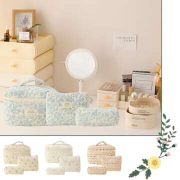 ALUXY 3 Pcs Cotton Quilted Makeup Bag Set, Floral Cotton Cosmetic Bag, Cute Makeup Bag, Aesthetic Toiletry Travel Organizer Bag for Women Girls (A)