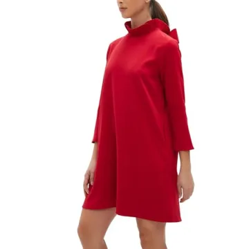 Kedera Women's Fall Bow Tie Dress Casual Mini Dress Ruffle Mock Neck Long Sleeve Dress Swing Elegant Shift Dress Red