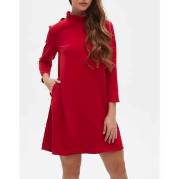 Kedera Women's Fall Bow Tie Dress Casual Mini Dress Ruffle Mock Neck Long Sleeve Dress Swing Elegant Shift Dress Red