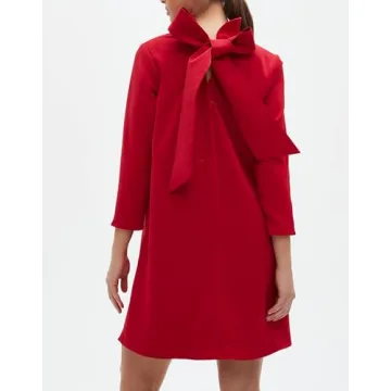 Kedera Women's Fall Bow Tie Dress Casual Mini Dress Ruffle Mock Neck Long Sleeve Dress Swing Elegant Shift Dress Red