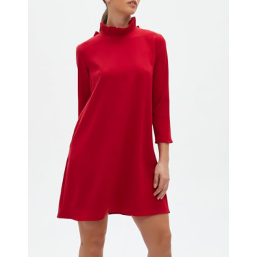 Kedera Women's Fall Bow Tie Dress Casual Mini Dress Ruffle Mock Neck Long Sleeve Dress Swing Elegant Shift Dress Red