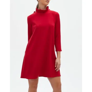 Kedera Women's Fall Bow Tie Dress Casual Mini Dress Ruffle Mock Neck Long Sleeve Dress Swing Elegant Shift Dress Red
