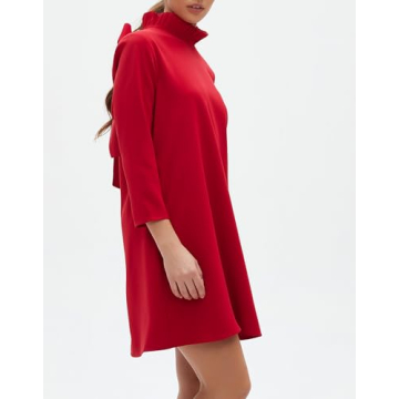 Kedera Women's Fall Bow Tie Dress Casual Mini Dress Ruffle Mock Neck Long Sleeve Dress Swing Elegant Shift Dress Red