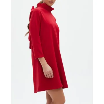 Kedera Women's Fall Bow Tie Dress Casual Mini Dress Ruffle Mock Neck Long Sleeve Dress Swing Elegant Shift Dress Red