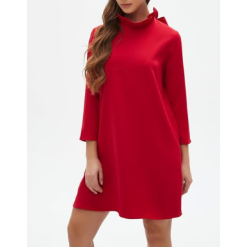 Kedera Women's Fall Bow Tie Dress Casual Mini Dress Ruffle Mock Neck Long Sleeve Dress Swing Elegant Shift Dress Red